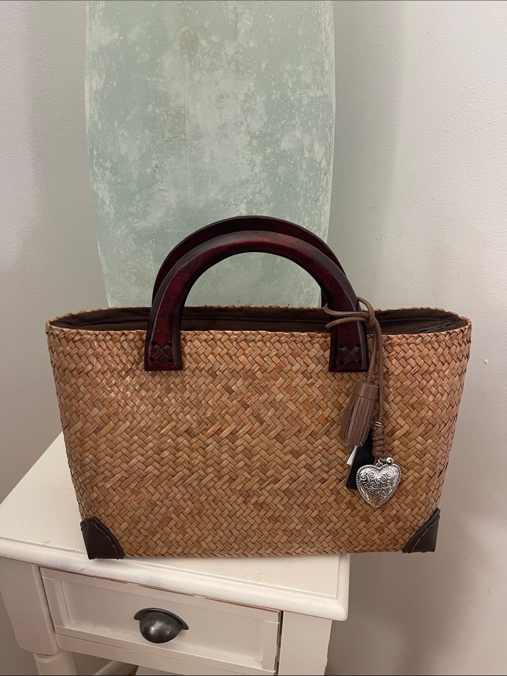 Woven Straw Tote with Dark Wooden  Handles